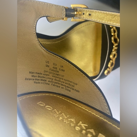 DONNA KARAN NWT & Box Yulissa Ankle Strap Nappa Black & Gold Wedge Sandals - Picture 4 of 7